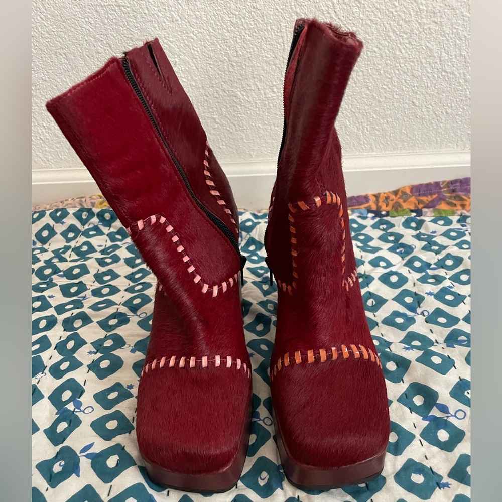 Rare Two Lips Marilyn Red Calf Hair 70s Platform Booties